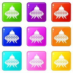 Alien spaceship icons of 9 color set isolated vector illustration