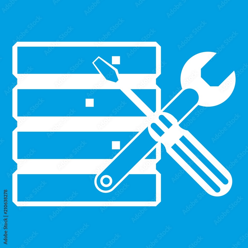 Aufkleber database with screwdriverl and spanner icon white isolated on blue background vector illustration