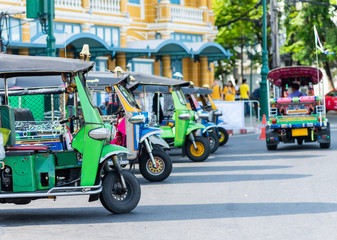 tuk tuk cars, Thai traditional taxi parking for wait tourist passenger in Bangkok, Thailand
