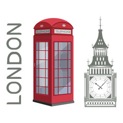 Set for design on London. Great Britain. Big Ben Tower. London phone booth. Vector graphics to design.