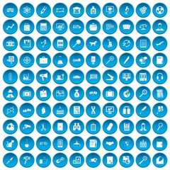 100 magnifier icons set in blue circle isolated on white vector illustration