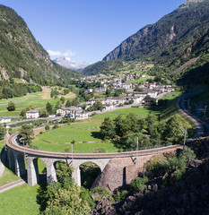 Viaduct of Brusio. Val Poschiavo. Aerial shot. Unesco Heritage