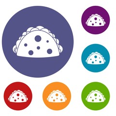 Empanada, cheburek or calzone icons set in flat circle red, blue and green color for web