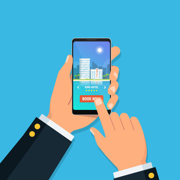 Online Hotel Booking. Person Holding Smartphone With Booking Hotel Room In App On Screen. Concept Online Travel Service. Vector Illustration In Flat Style.