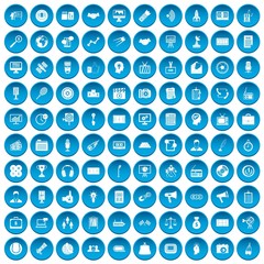 100 media icons set in blue circle isolated on white vector illustration