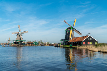 Naklejka premium A lake in front of windmills in Netherlands