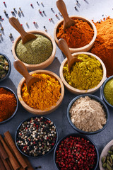 Variety of spices on kitchen table