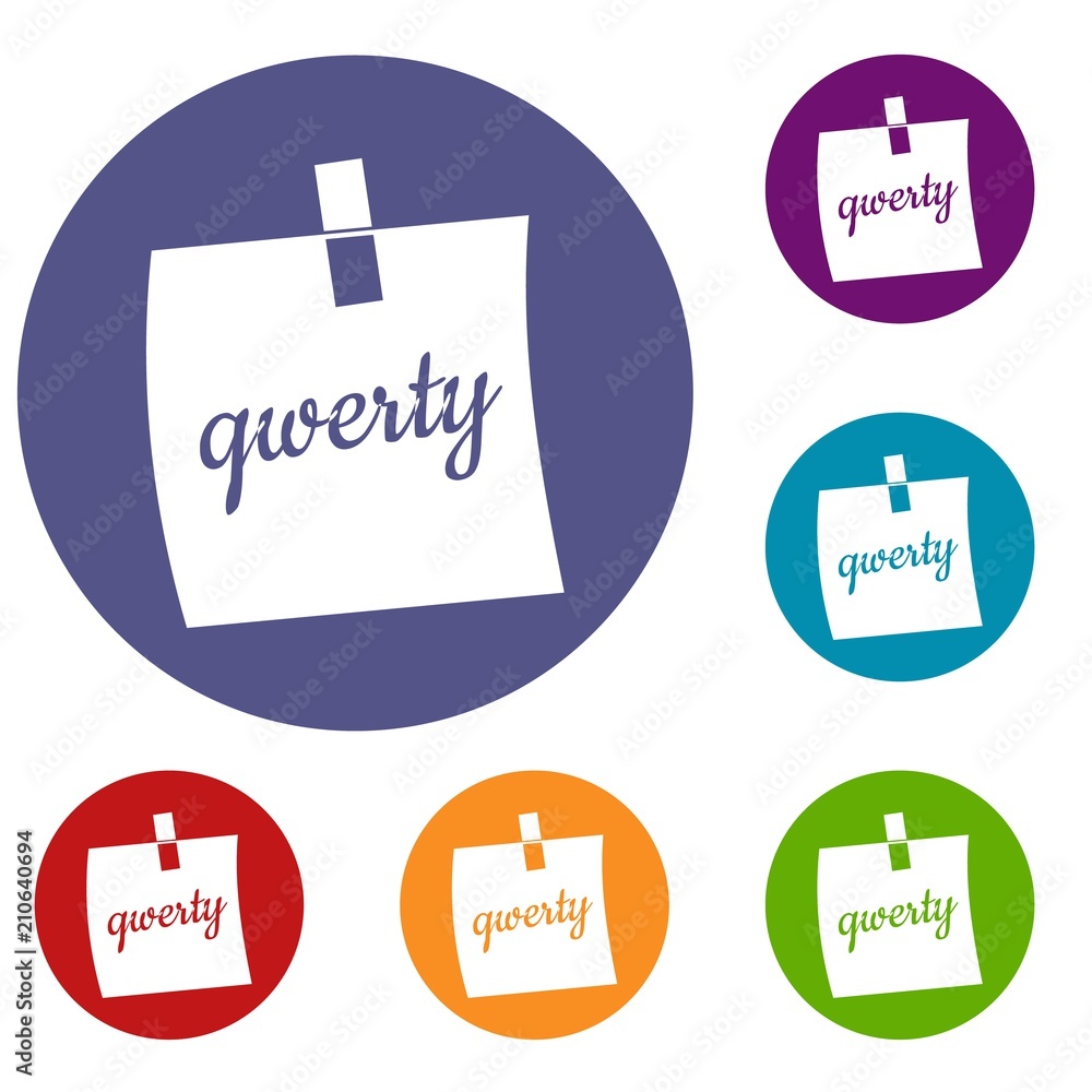 Aufkleber paper sheet with text qwerty icons set in flat circle red, blue and green color for web