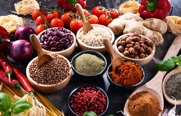 Composition with assorted organic food products on the table