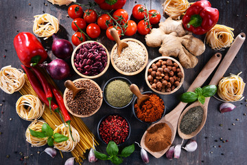 Composition with assorted organic food products on the table