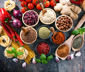 Composition with assorted organic food products on the table