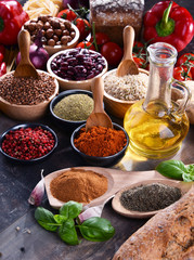 Composition with assorted organic food products on the table