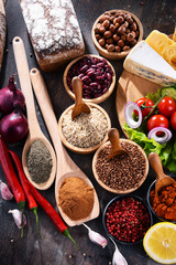 Composition with assorted organic food products on the table