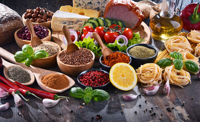 Composition with assorted organic food products on the table