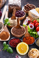 Composition with assorted organic food products on the table