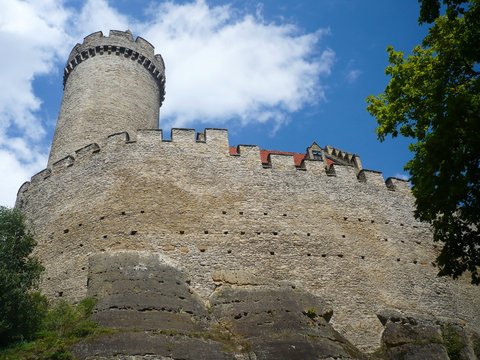 Bottom view of Kokorin Castle, located in the Czech Republic.Kokoř&iacute;n Castle lies in the middle of a nature reserve on a steep rocky spur above the Kokoř&iacute;n Valley, north of the village of the same name