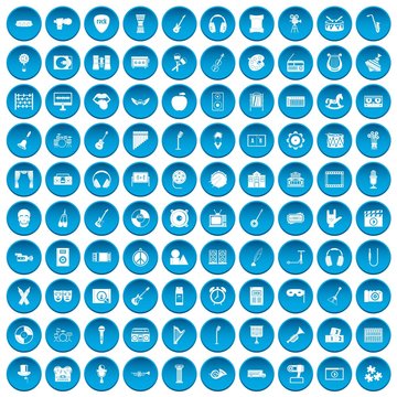 100 musical education icons set in blue circle isolated on white vector illustration