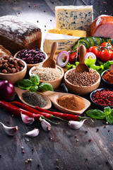 Composition with assorted organic food products on the table