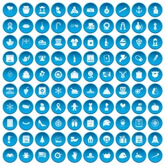 100 national holiday icons set in blue circle isolated on white vector illustration