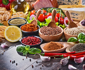 Composition with assorted organic food products on the table