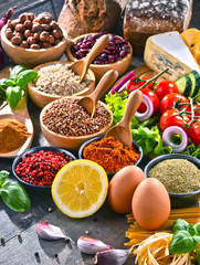 Composition with assorted organic food products on the table