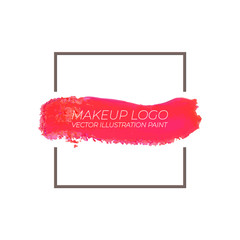 Vector Makeup Cosmetics Logo Square Frame with Lipstick Red Smear Background.