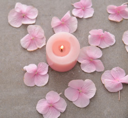 Obraz na płótnie Canvas Many Pink hydrangea petals with candle on gray background