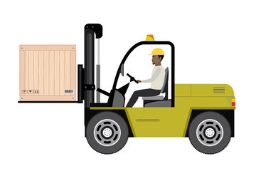 African american warehouse worker loading wooden boxes.