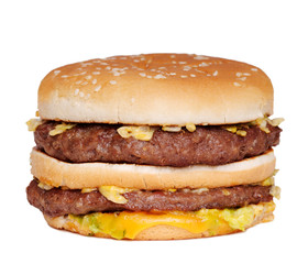 Burger close up against a white background