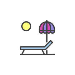 Sun lounger and Beach umbrella filled outline icon, line vector sign, linear colorful pictogram isolated on white. Parasol, summer umbrella and sunbed symbol, logo illustration. Pixel perfect vector