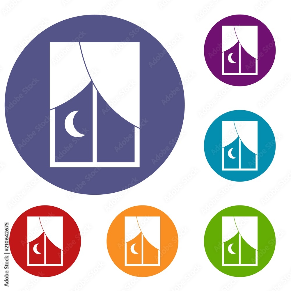Poster nightly window icons set in flat circle red, blue and green color for web