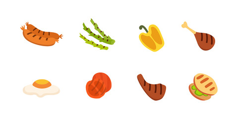 Barbecue icons set. Grill food, bbq, roast, steak cartoon vector illustration.