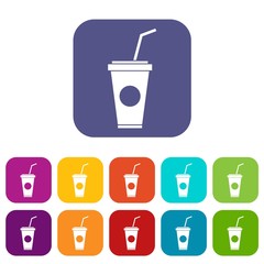 Paper cup with straw icons set vector illustration in flat style in colors red, blue, green, and other