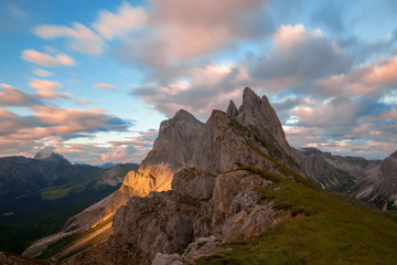 Magnificent view of Puez Odle - Geisler group at sunset. Dolomite Alps, Italy