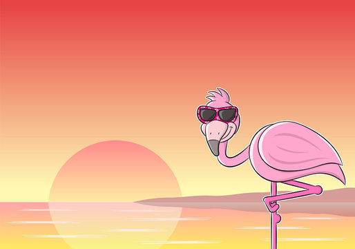 Cartoon Flamingo mit Sonnenbrille vor Sonnenuntergang 