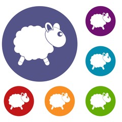 Sheep icons set in flat circle red, blue and green color for web