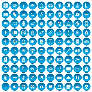 100 passport icons set in blue circle isolated on white vector illustration