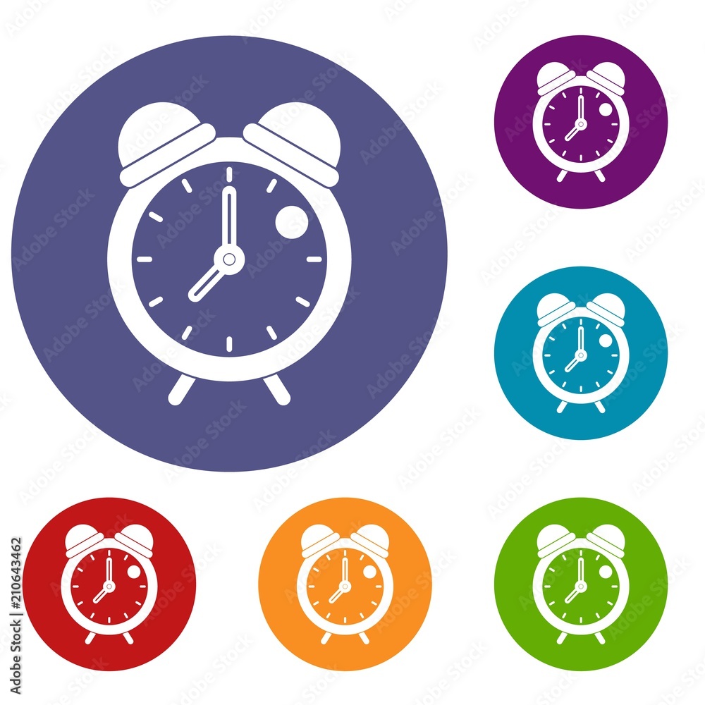 Poster alarm clock retro classic design icons set in flat circle red, blue and green color for web
