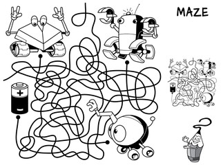Which of the three robots will get a battery? Educational maze game for children. Black and white cartoon vector illustration