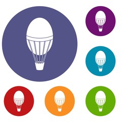 Hot air balloon icons set in flat circle red, blue and green color for web