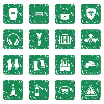 Safety icons set in grunge style green isolated vector illustration