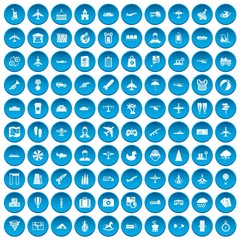 100 plane icons set in blue circle isolated on white vector illustration