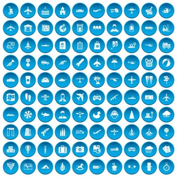 100 plane icons set in blue circle isolated on white vector illustration