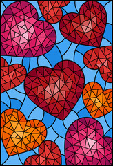 Fototapeta na wymiar Illustration in stained glass style, abstract background with hearts on blue background