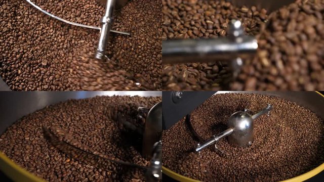 Collage coffee beans roasting and cooling process in workshop roaster oven