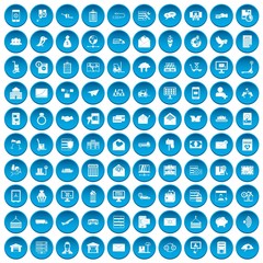 100 postal service icons set in blue circle isolated on white vector illustration