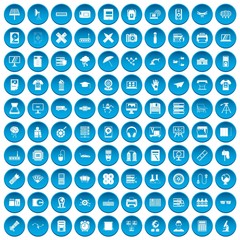 100 printer icons set in blue circle isolated on white vector illustration