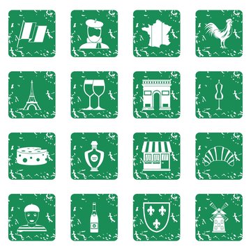 France travel icons set in grunge style green isolated vector illustration
