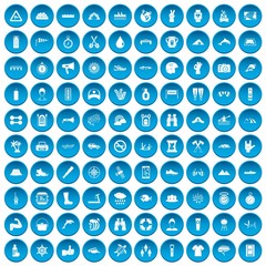 100 rafting icons set in blue circle isolated on white vector illustration