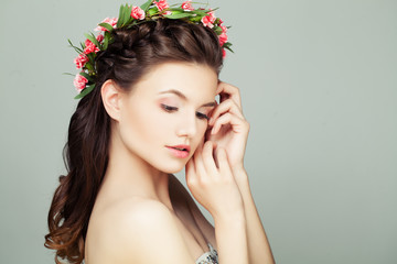 Cute Woman with Long Healthy Hair on Grey Background, Portrait